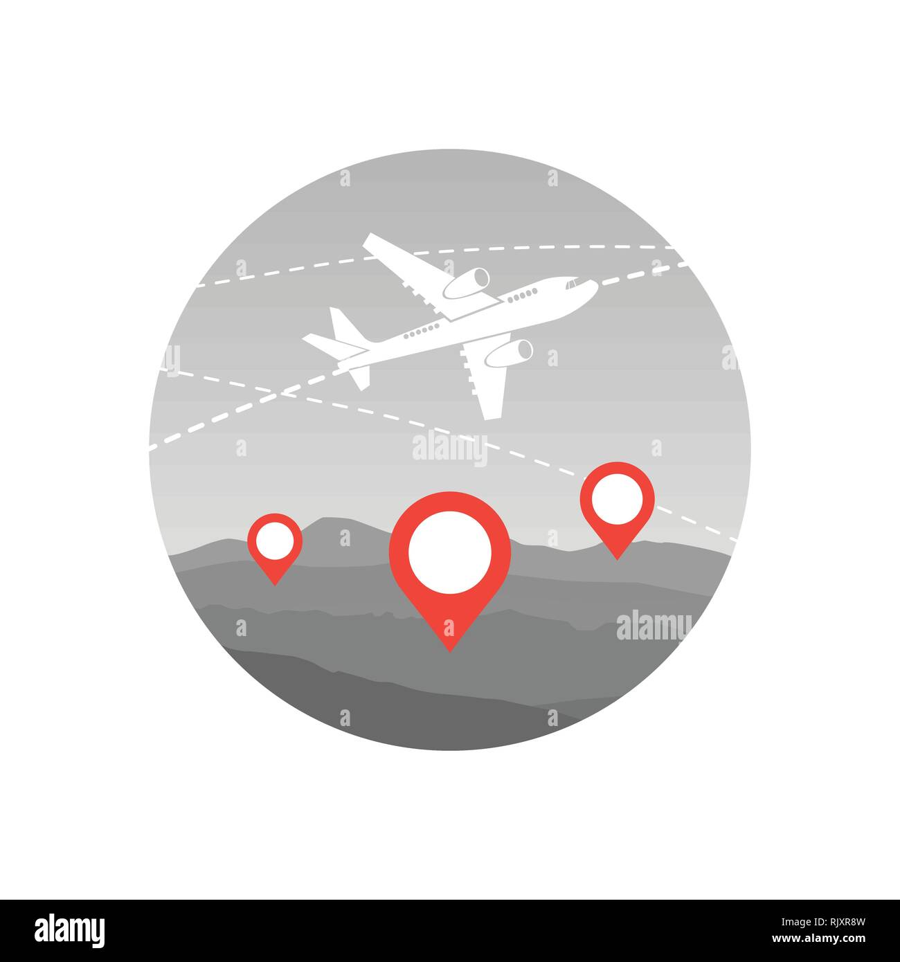 Icono mundial de viajes por avión avión sobrevolar el mapa con punteros Ilustración del Vector