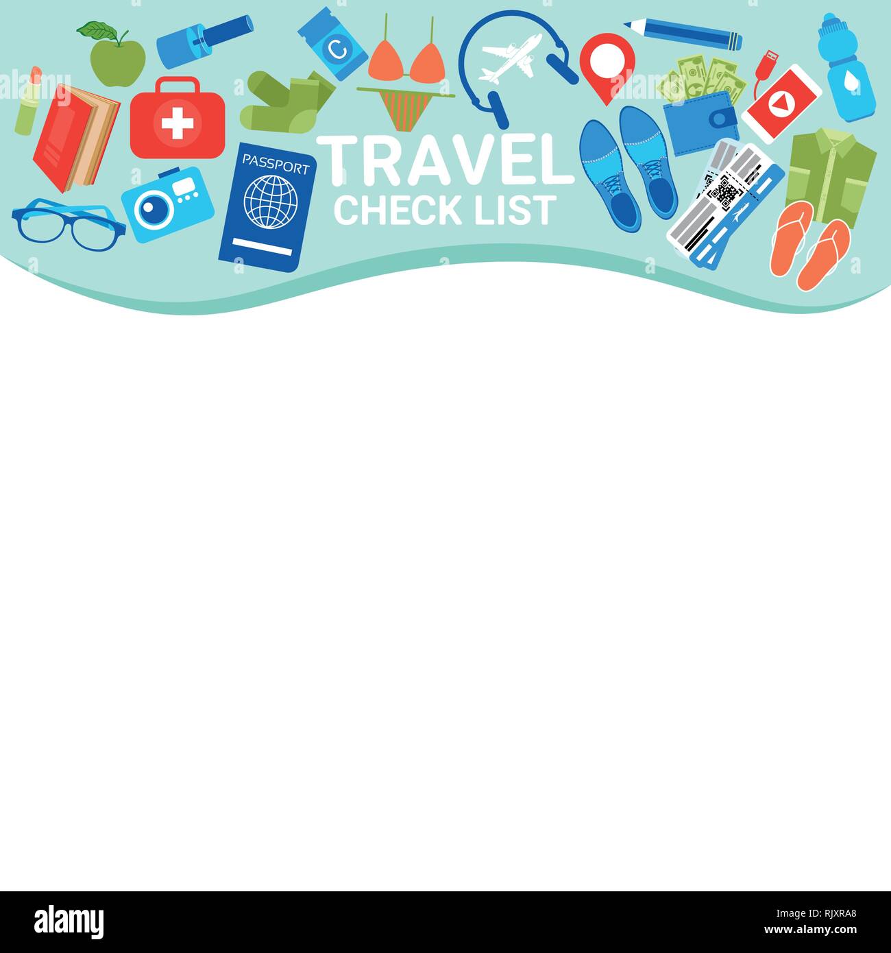 Lista de comprobación para el viaje espacial de copia de plantilla para la  lista de embalaje, Planificación de vacaciones Maleta con elementos  Antecedentes Imagen Vector de stock - Alamy
