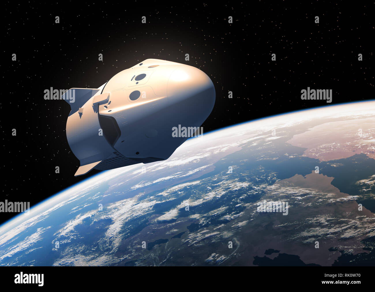 Nave espacial comercial en el espacio ultraterrestre. Ilustración 3D. Foto de stock