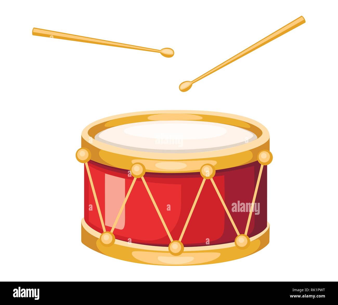 Tambor rojo tambor de madera y palos. Instrumento musical, el tambor de la  máquina. Ilustración vectorial plano aislado sobre fondo blanco Imagen  Vector de stock - Alamy