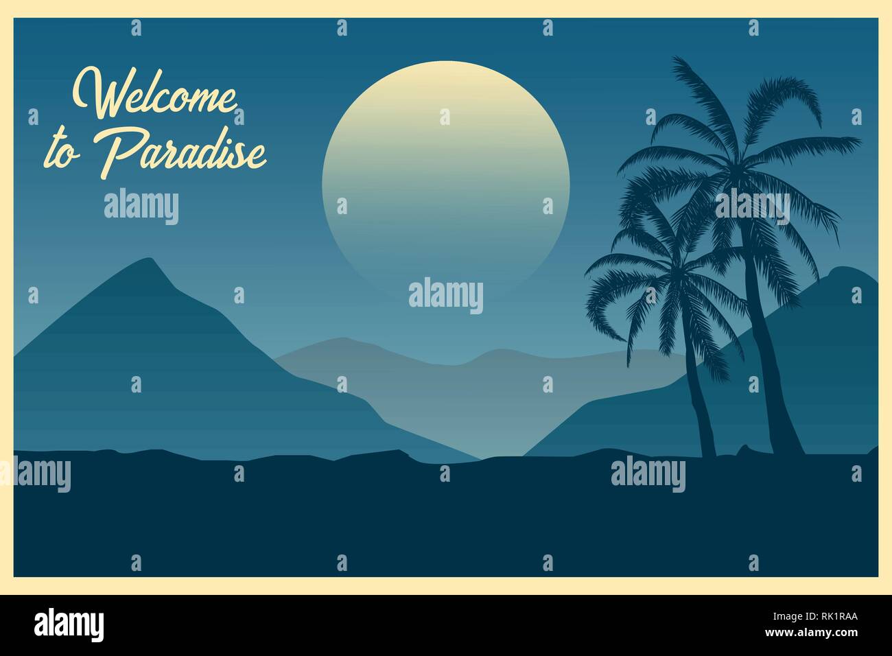 Paisaje Tropical Bienvenido al paraíso de postal de fondo de verano. Silueta de palmeras. Ilustración vectorial. Ilustración del Vector