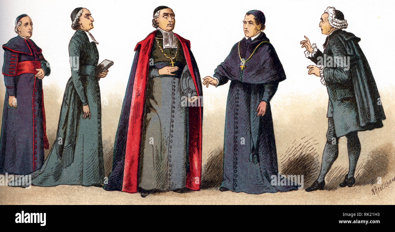 Las ilustraciones que aparecen aquí muestran vestimentas eclesiásticas. Ellos son, de izquierda a derecha: un obispo en la Zimarra; un sacerdote en la soutanne; un obispo ordinario de ornamentos; un obispo en casa, y un vestuario abbe en el tiempo de Louis XVI. La ilustración se remonta a 1882. Foto de stock
