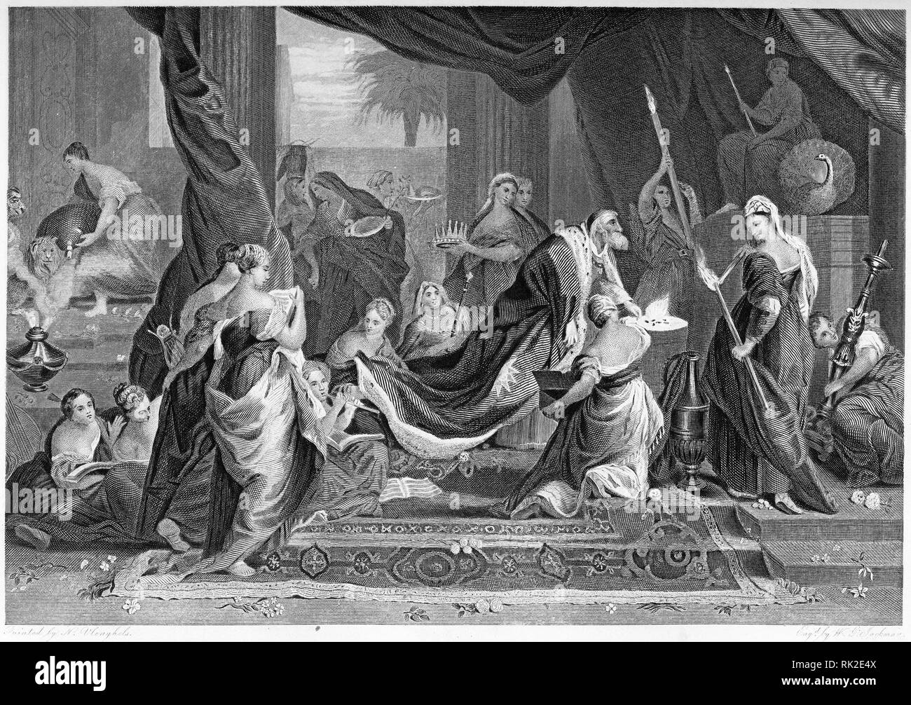 Grabado del Rey Salomón hacer una ofrenda a los ídolos con sus cientos de esposas. Desde la Biblia Self-Interpeting, quizás el 1843 edition. Foto de stock