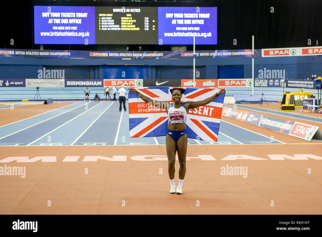 Birmingham, Inglaterra, 9th de febrero de 2019, Asha Philip, ganadora de la final femenina 60meters del Campeonato de Atletismo Británico en Birmingham, Inglaterra. Crédito: Paul Saripo/Alamy Live News Foto de stock