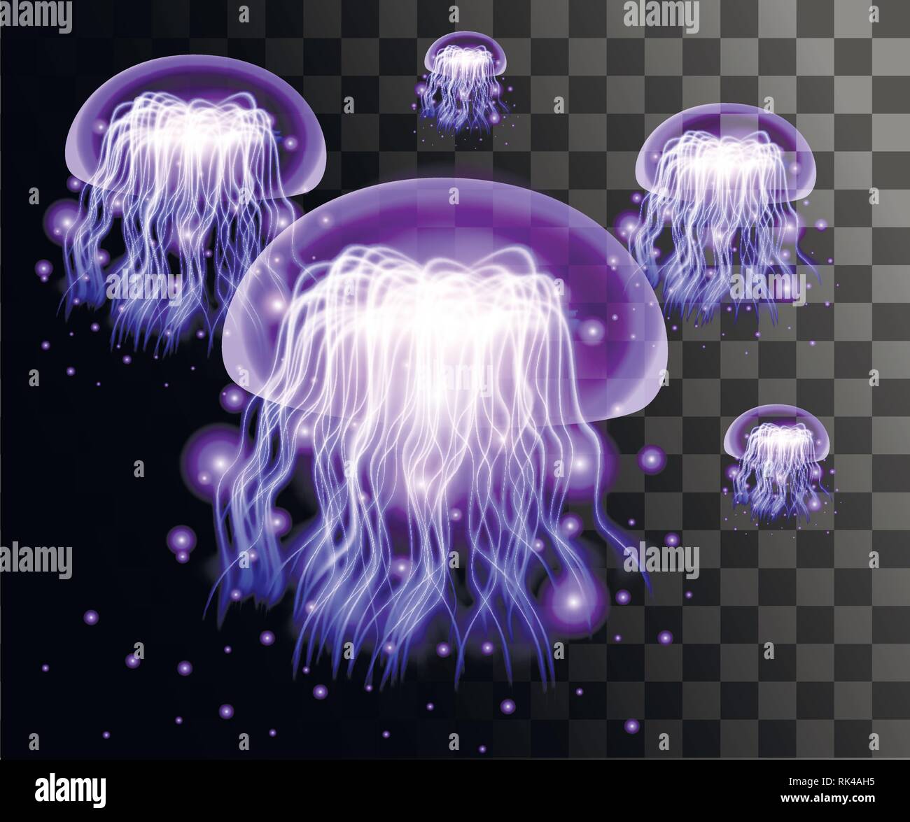 Las medusas púrpura transparente sobre fondo transparente. Estilo de efecto de las medusas. Estilo de efecto de las medusas. Abstract efecto radiante ilustración. Ilustración del Vector