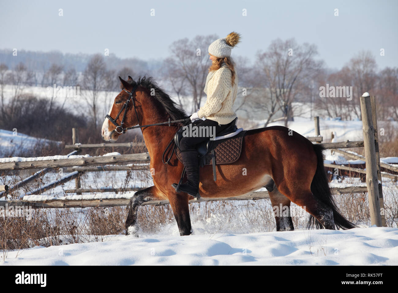 Pretty Woman montando a caballo a través de la nieve en la mañana de Navidad Foto de stock