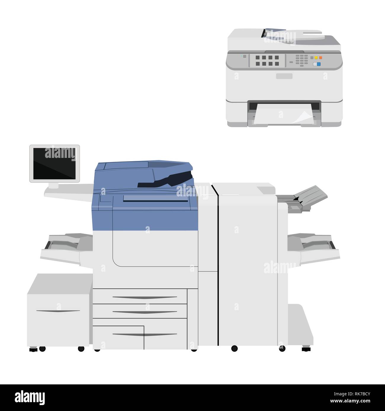 El escáner de la impresora multifunción de oficina. El papel de copiadora  aislado en el fondo. Fotocopiadora e impresora. Los documentos. Cartoon  ilustración vectorial. Desi plana Imagen Vector de stock - Alamy