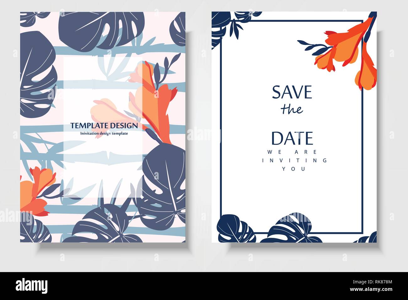 Jardín botánico tropical tarjeta de invitación a una plantilla de diseño, flores con hojas Ilustración del Vector