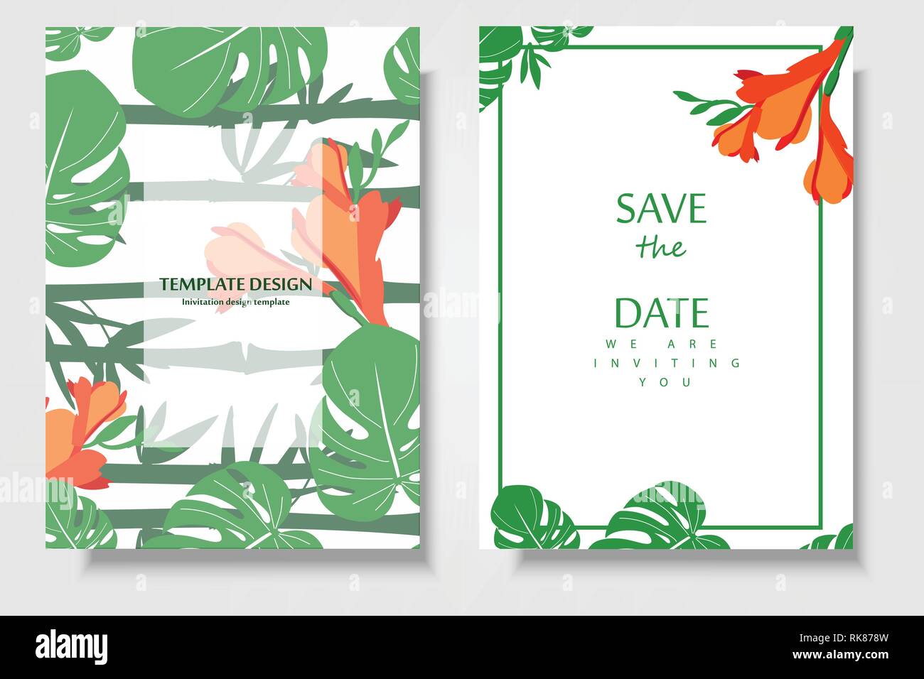 Jardín botánico tropical tarjeta de invitación a una plantilla de diseño, flores con hojas Ilustración del Vector