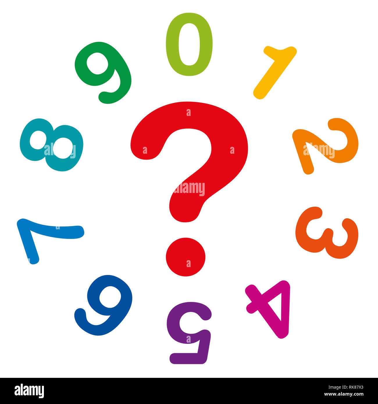 Diez números de colores del arco iris, desde uno a cero, formando un círculo, con signo de interrogación rojo en el medio como símbolo de la numerología y la adivinación. Foto de stock