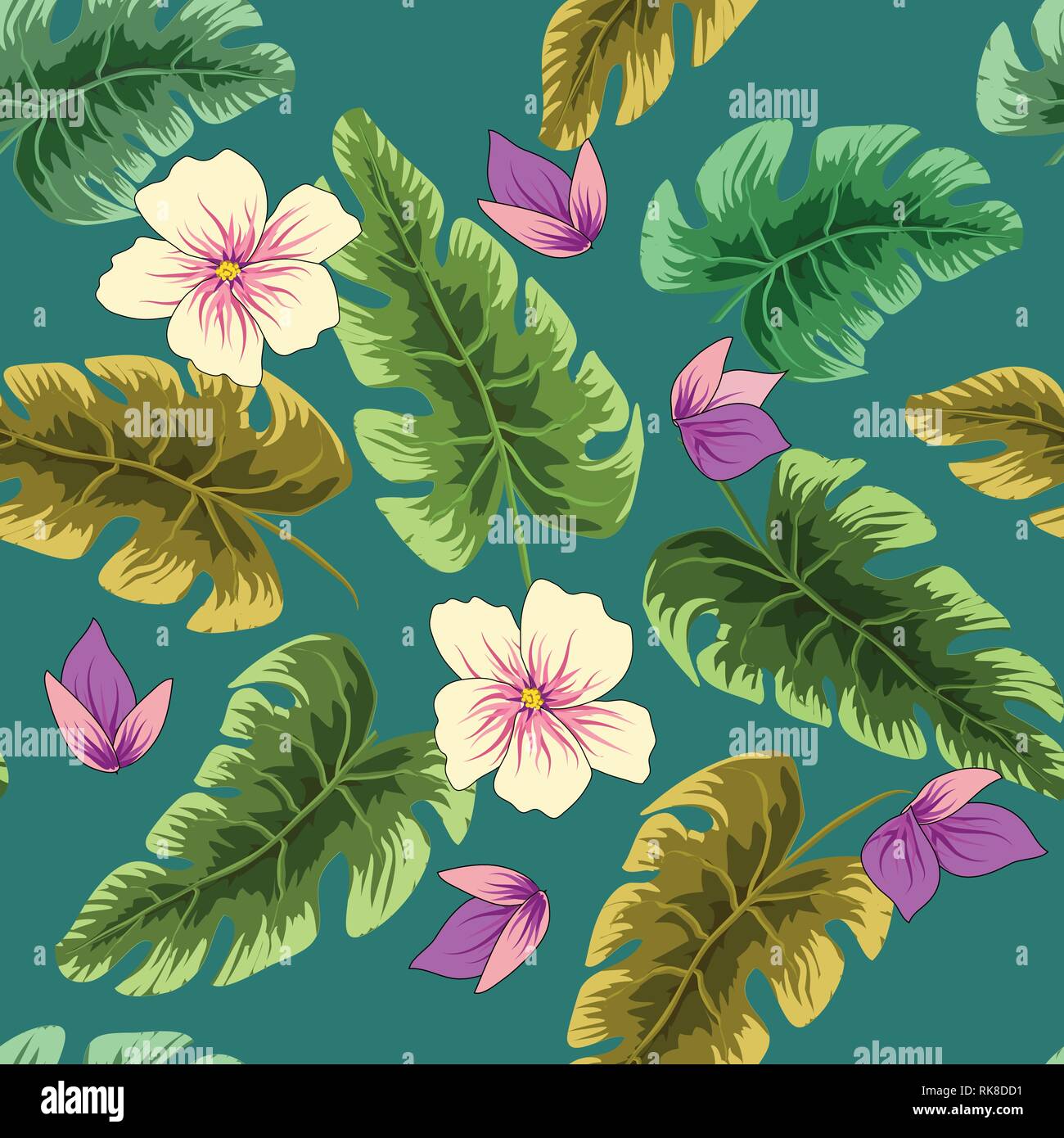 Hermosas flores y hojas tropicales patrón sin fisuras. En el mundo de la  moda, telas, textil, imprimir o tapiz,ilustración vectorial Imagen Vector  de stock - Alamy
