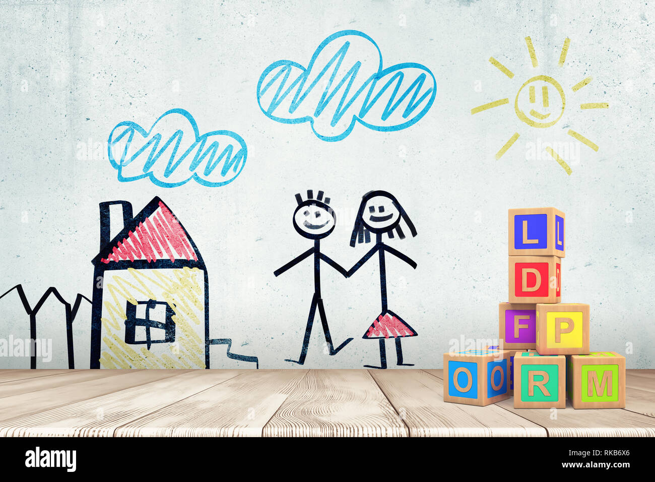 3d Rendering De Pared Blanca Con El Dibujo De La Casa El Cielo Y