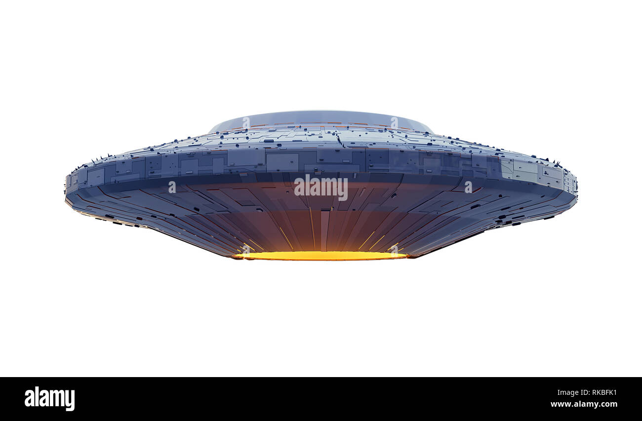 Ovni, nave extraterrestre con los visitantes extraterrestres, Flying Saucer (espacio 3D rendering aislado sobre fondo blanco) Foto de stock