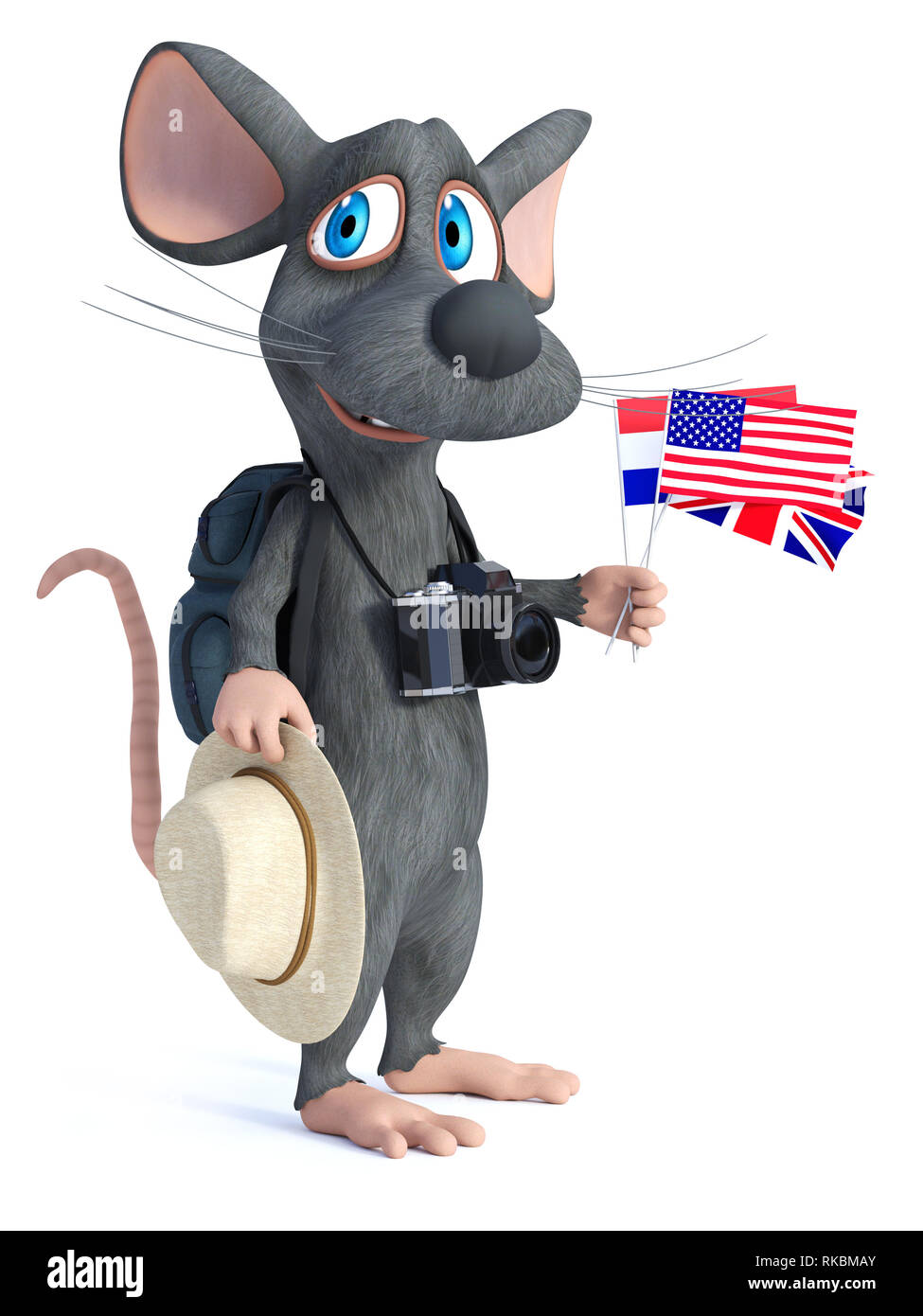 Representación 3D de una bonita caricatura sonriente el ratón con un  sombrero y una cámara, mirando como un turista con su mochila y sosteniendo  las banderas. Él parece dispuesto a tr Fotografía