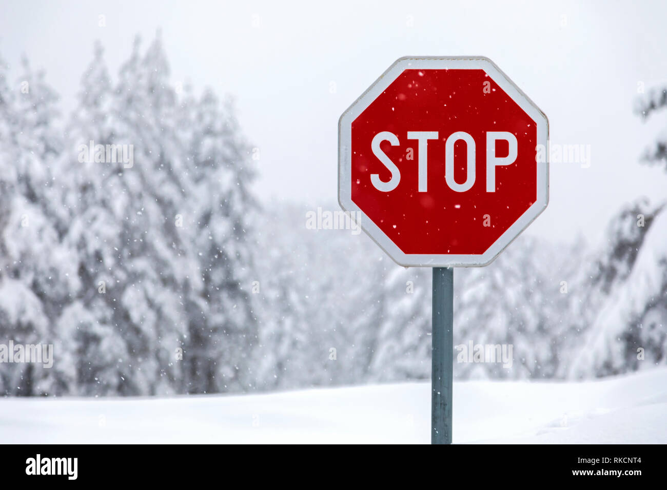 La señal de stop en una carretera cubierta de nieve Foto de stock