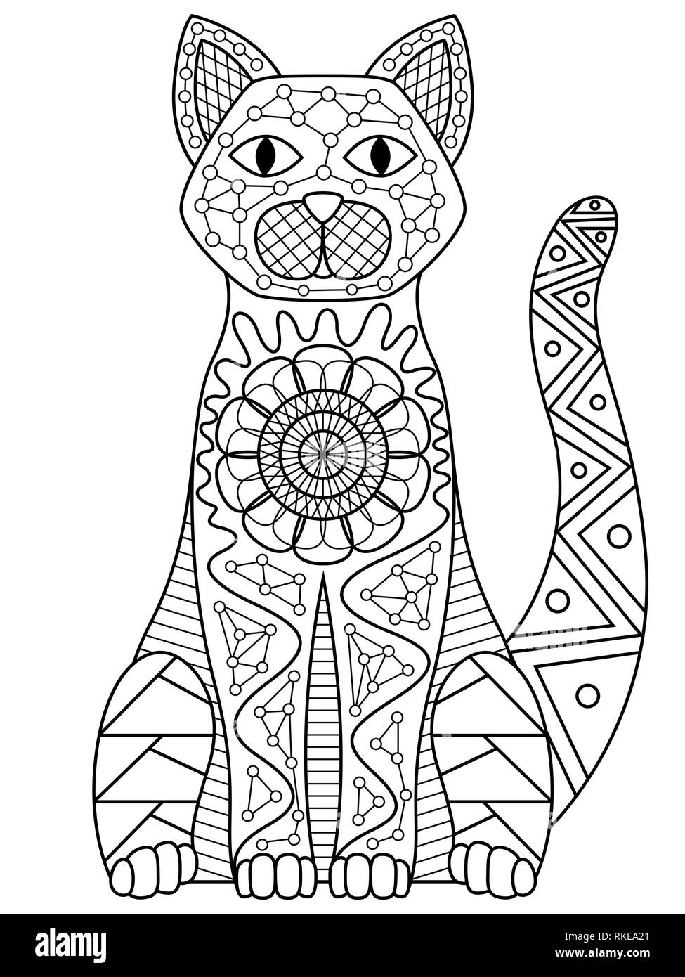 Gato negro el contorno corporal decorados con diferentes patrones, vector sobre el fondo blanco. Ilustración del Vector