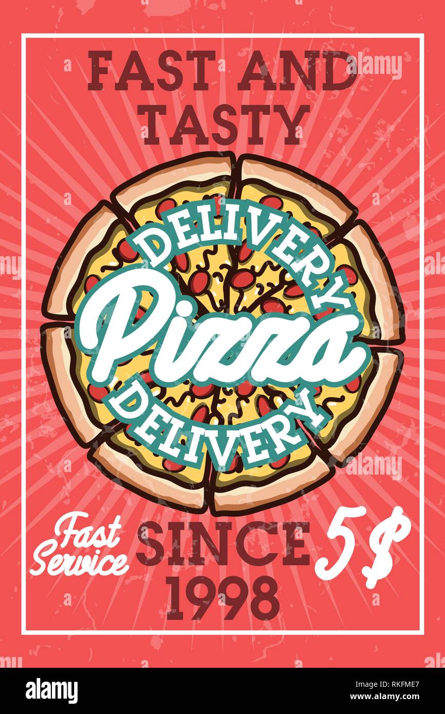 Vintage Color pizza a domicilio banner con elementos de diseño. Ilustración vectorial EPS 10 Ilustración del Vector