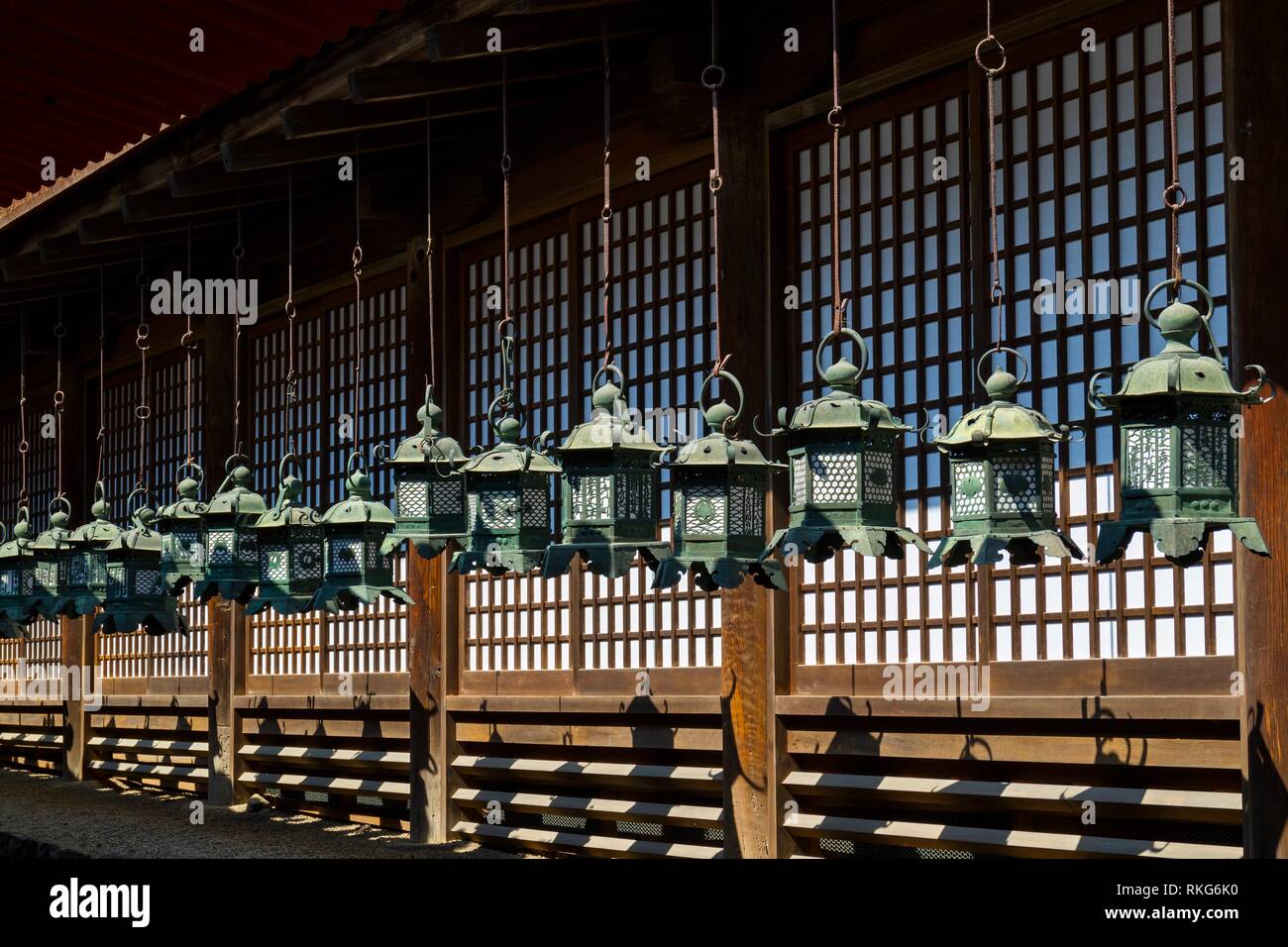 Nara - Japón, hilera de linternas de bronce al Kasuga Taisha Shrine. Foto de stock