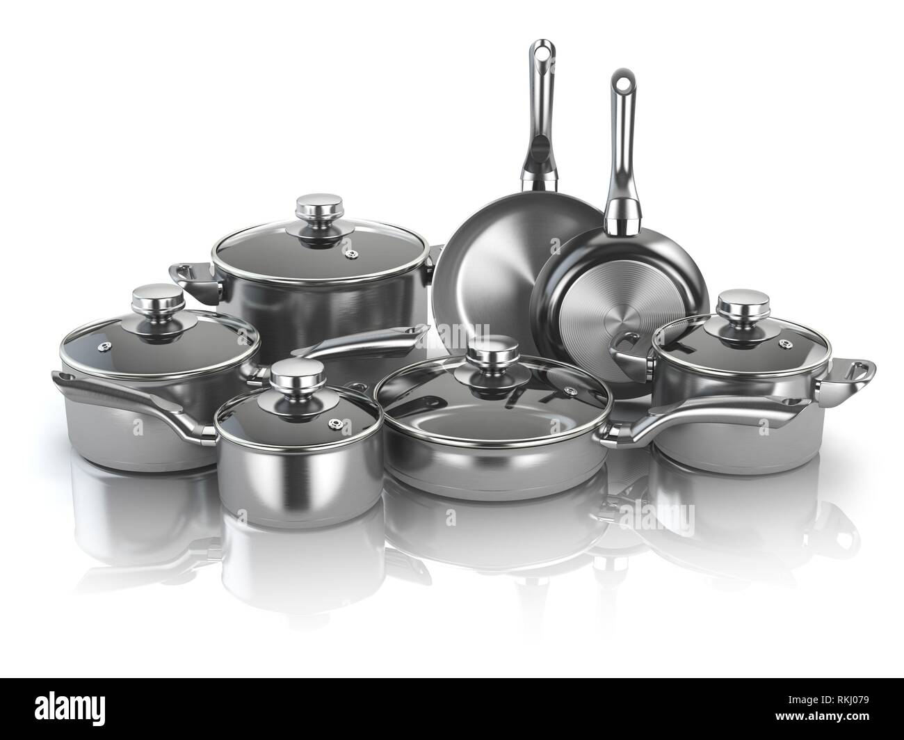 Las ollas y sartenes. Conjunto de cocción de acero inoxidable utensilios de  cocina y vajilla. Ilustración 3d Fotografía de stock - Alamy