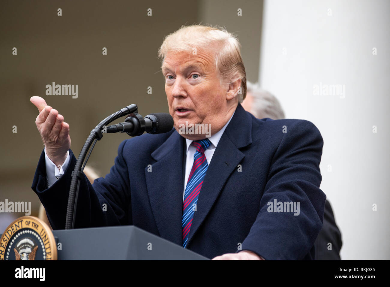 El Presidente de EEUU, Donald Trump habla a los reporteros en el jardín de rosas de la Casa Blanca el 4 de enero de 2019. Foto de stock