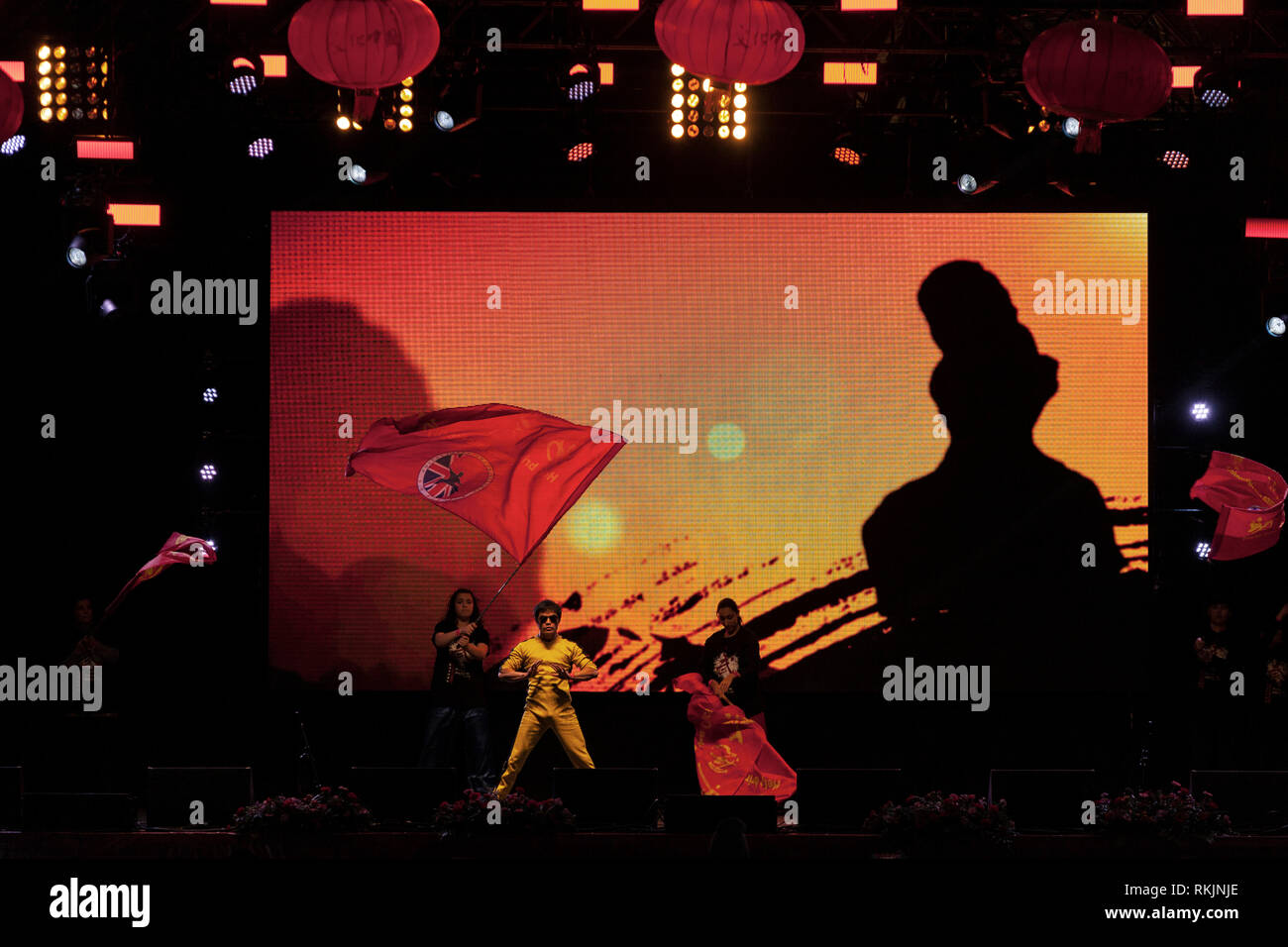 Londres, Reino Unido, 10 de febrero, 2019. Celebración del Año Nuevo Chino en Trafalgar Square, Londres, Reino Unido. Rendimiento de arte marcial por un grupo en el escenario. Crédito: Harishkumar Shah/Alamy Live News Foto de stock