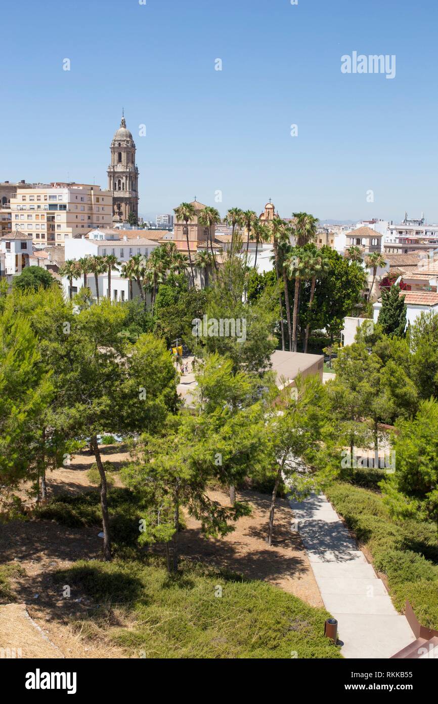 El centro de la Alcazaba de Málaga, España. Disparo vertical. Foto de stock