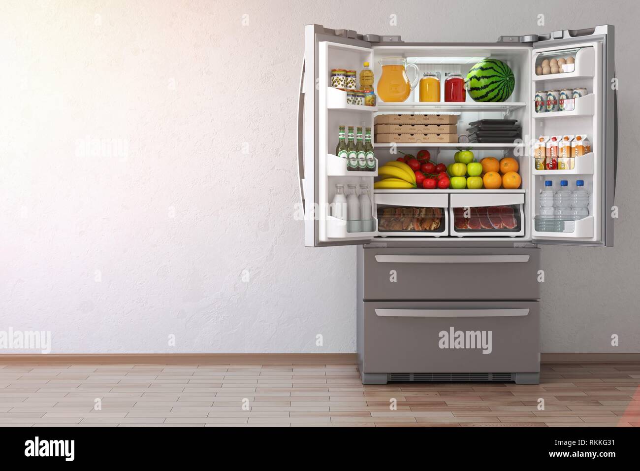 Abra nevera refrigerador lleno de comida en la cocina de vacío interior.  Ilustración 3d Fotografía de stock - Alamy