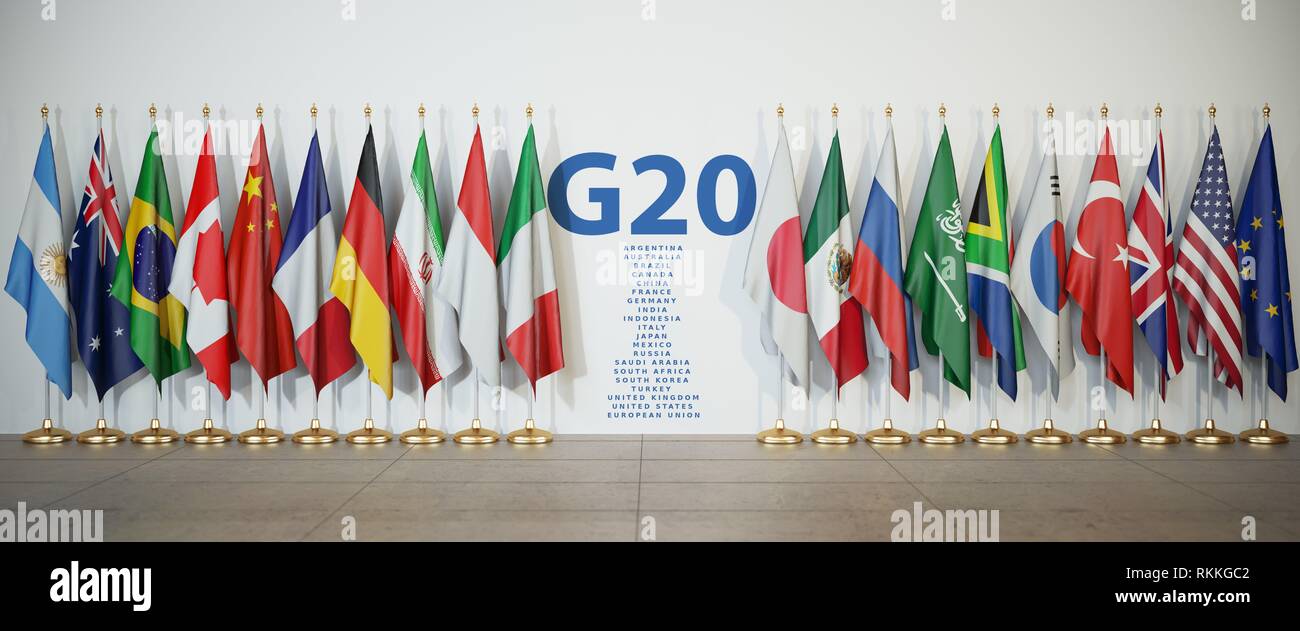 Reunión cumbre del G20 o concepto. Fila de banderas de los miembros del G20, el Grupo de los Veinte y una lista de países, ilustración 3d. Foto de stock