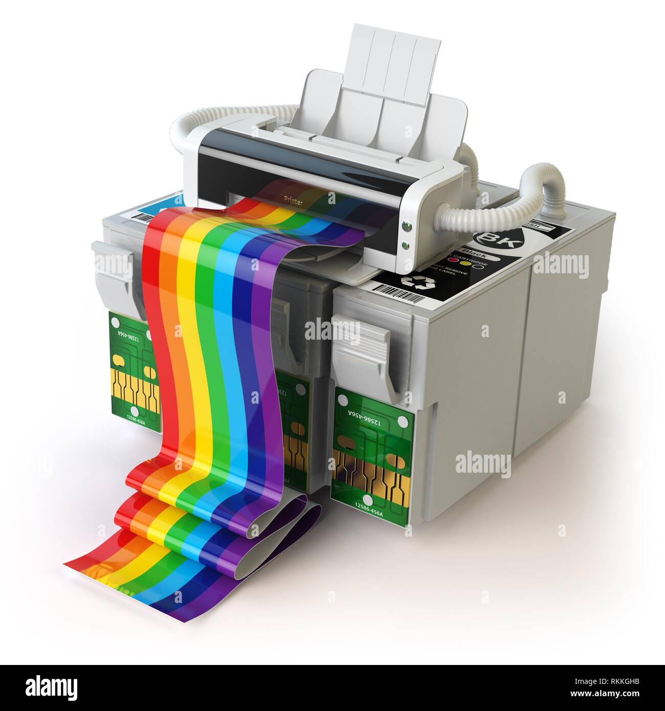 Impresoras y Cartuchos CMYK para la impresora de inyección de tinta en  color aislado en blanco. Ilustración 3d Fotografía de stock - Alamy