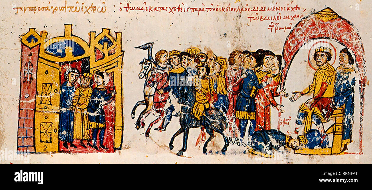 La captura y el castigo de Tomás el eslavo por el Emperador Miguel II. Foto de stock