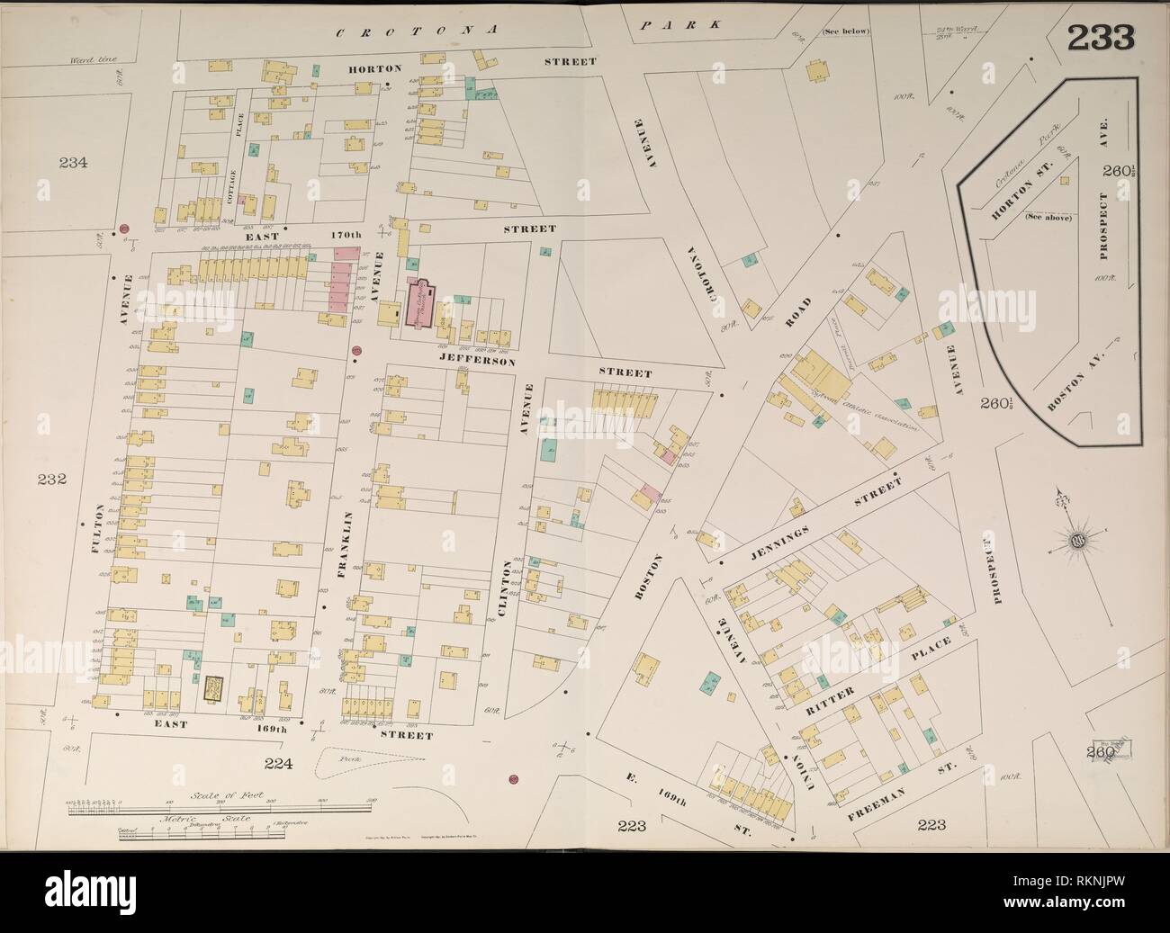 Bronx, V. 10, Nº 233, placa de doble página [mapa delimitado por Horton St., Prospect Ave., E. 169th St., Fulton Ave.]. Mapa Sanborn Company (editor). Foto de stock