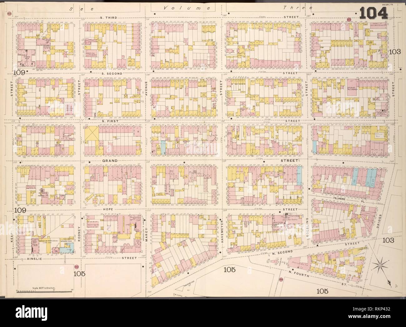 Brooklyn V. 4, placa de doble página nº104 [mapa delimitado por S. 3rd St., Driggs St., N. 4th St., Ainslie St., San Keap]. Mapa Sanborn Company (editor). Foto de stock