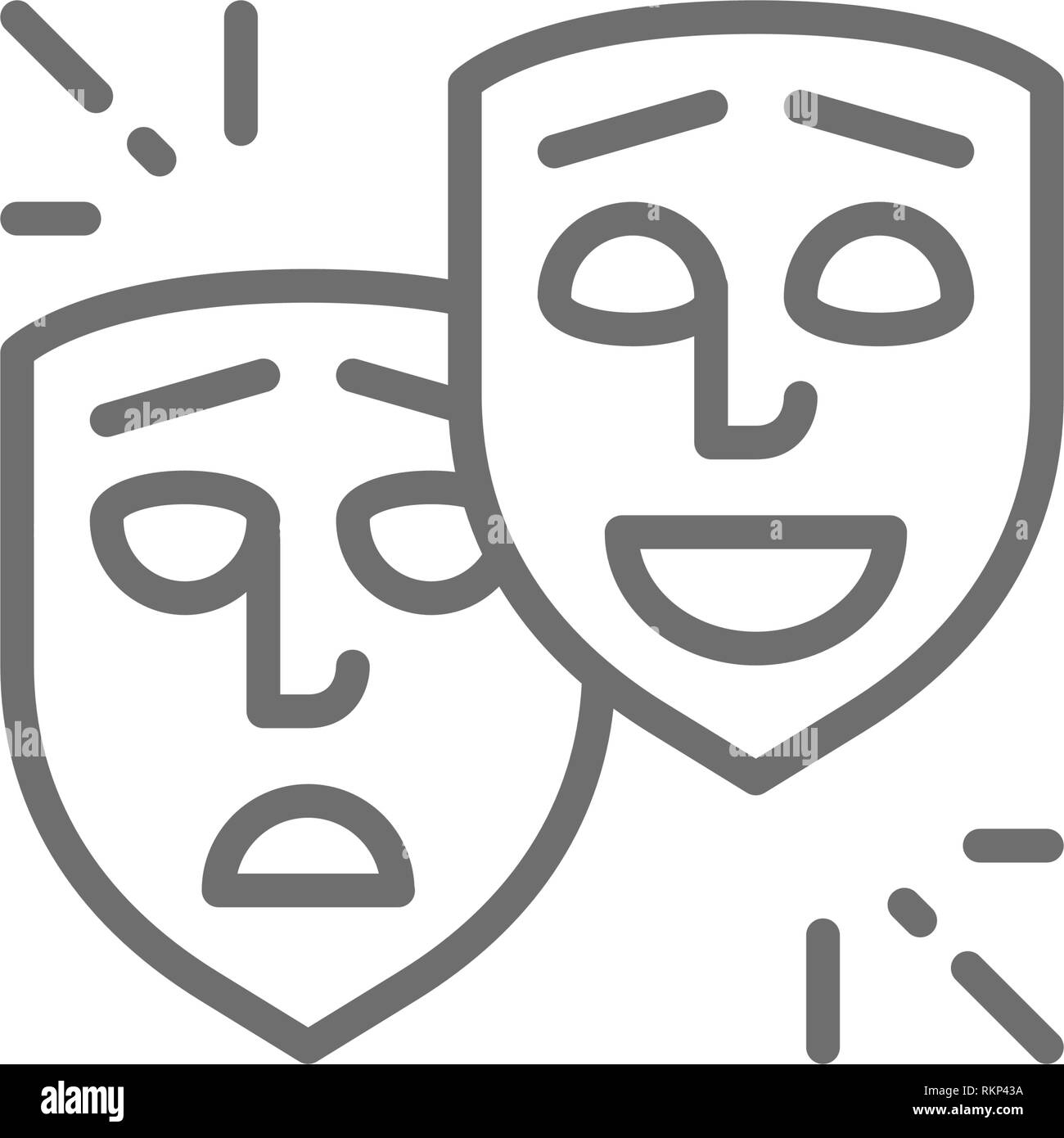 Máscaras de teatro, comedia y tragedia de caras, sonrisa y triste icono de  línea Imagen Vector de stock - Alamy