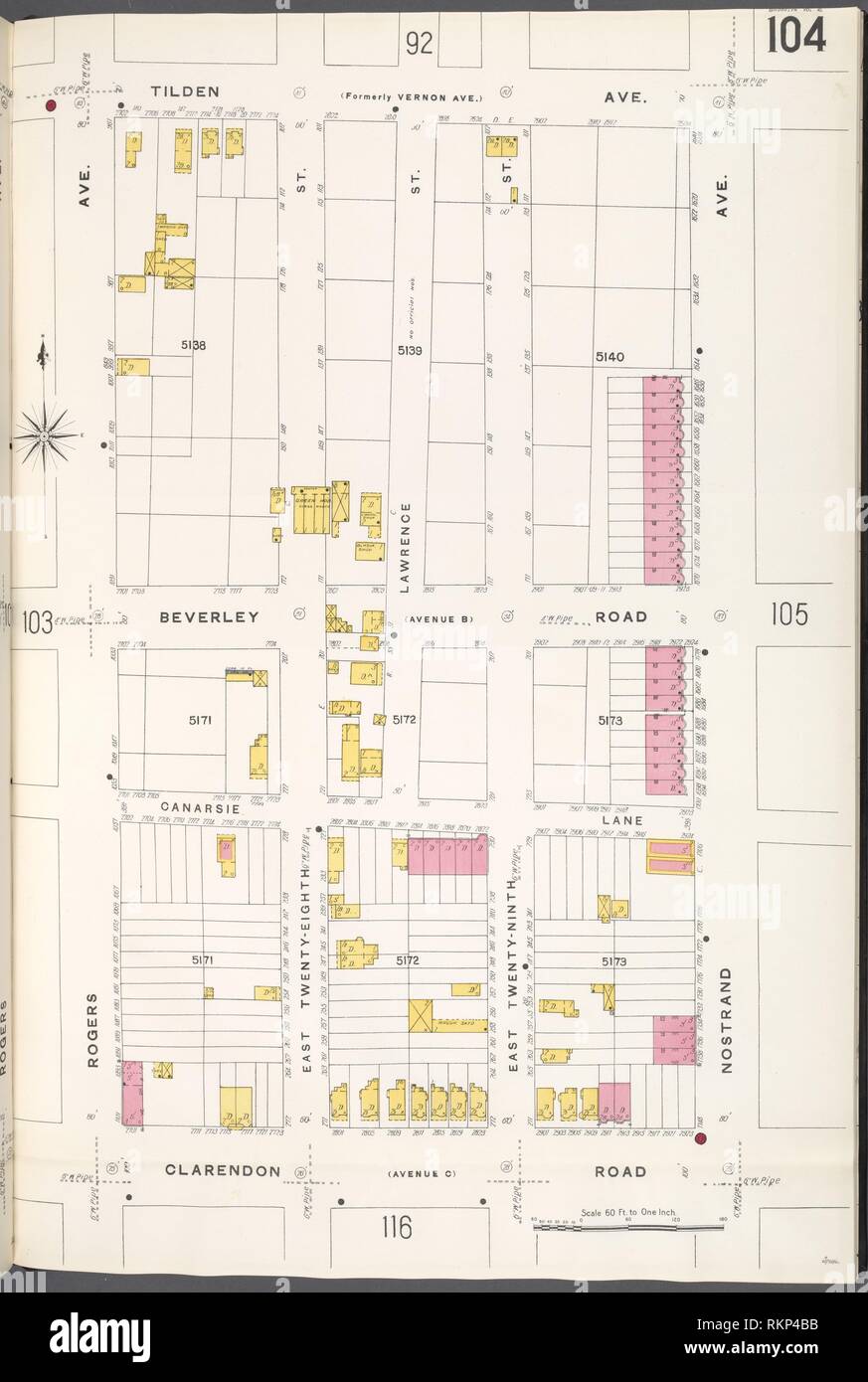 Brooklyn V. 10, placa nº 104 [mapa delimitado por Tilden Ave., Nostrand Ave., Clarendon Rd., Rogers Ave.]. Mapa Sanborn Company (editor). Atlas de Foto de stock