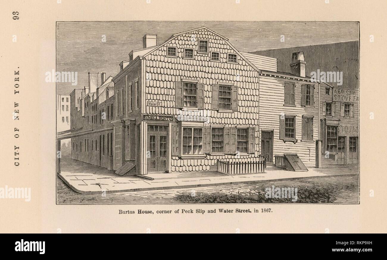 Casa Burtus, esquina de Peck Slip & Water Street, en 1867. Emmet