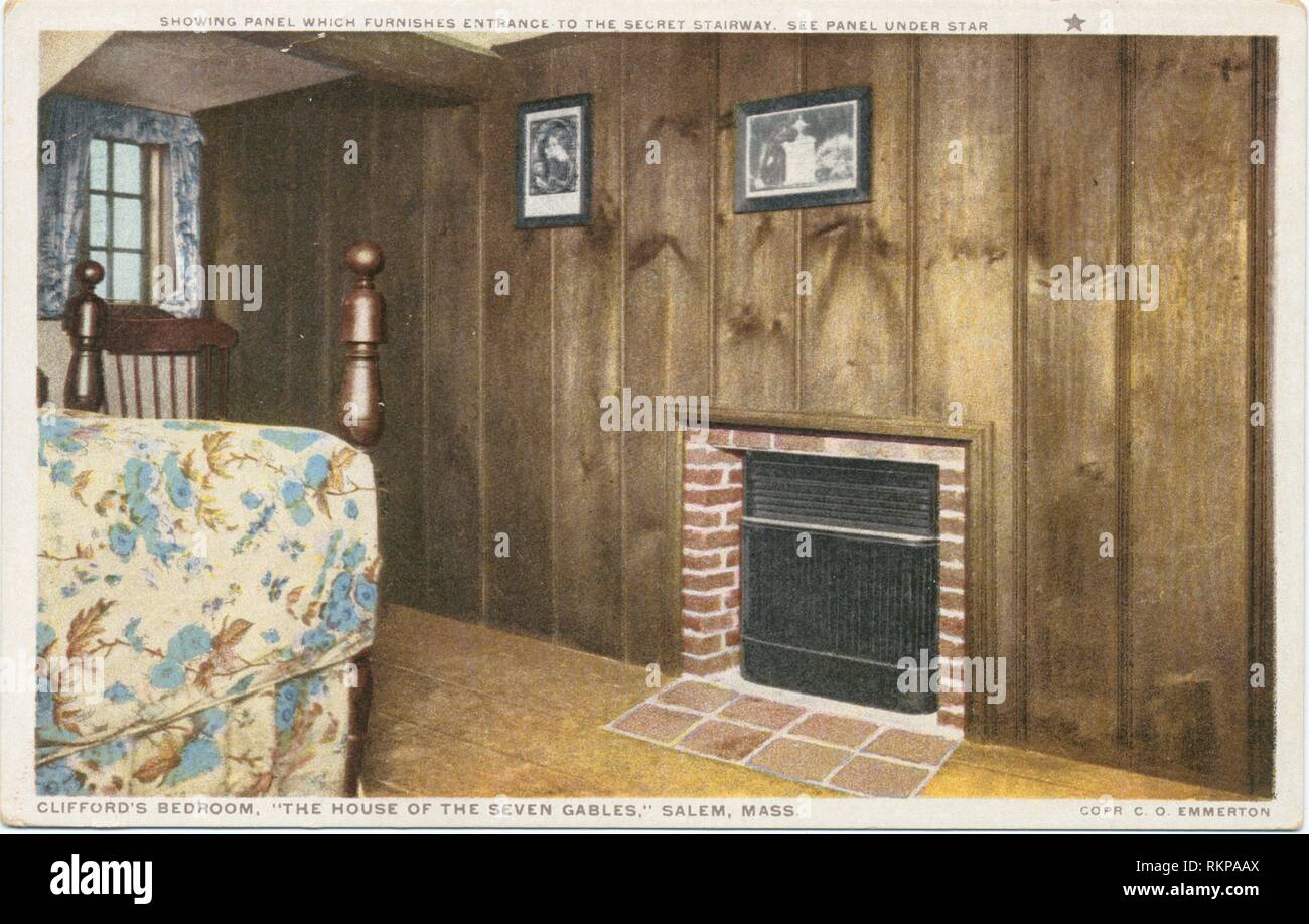 Cliford del dormitorio, la Casa de los Siete Tejados, Salem, Mass.,  mostrando instrumentos que le suministre la entrada a la escalera secreta,  consulte Panel debajo de la estrella Fotografía de stock -