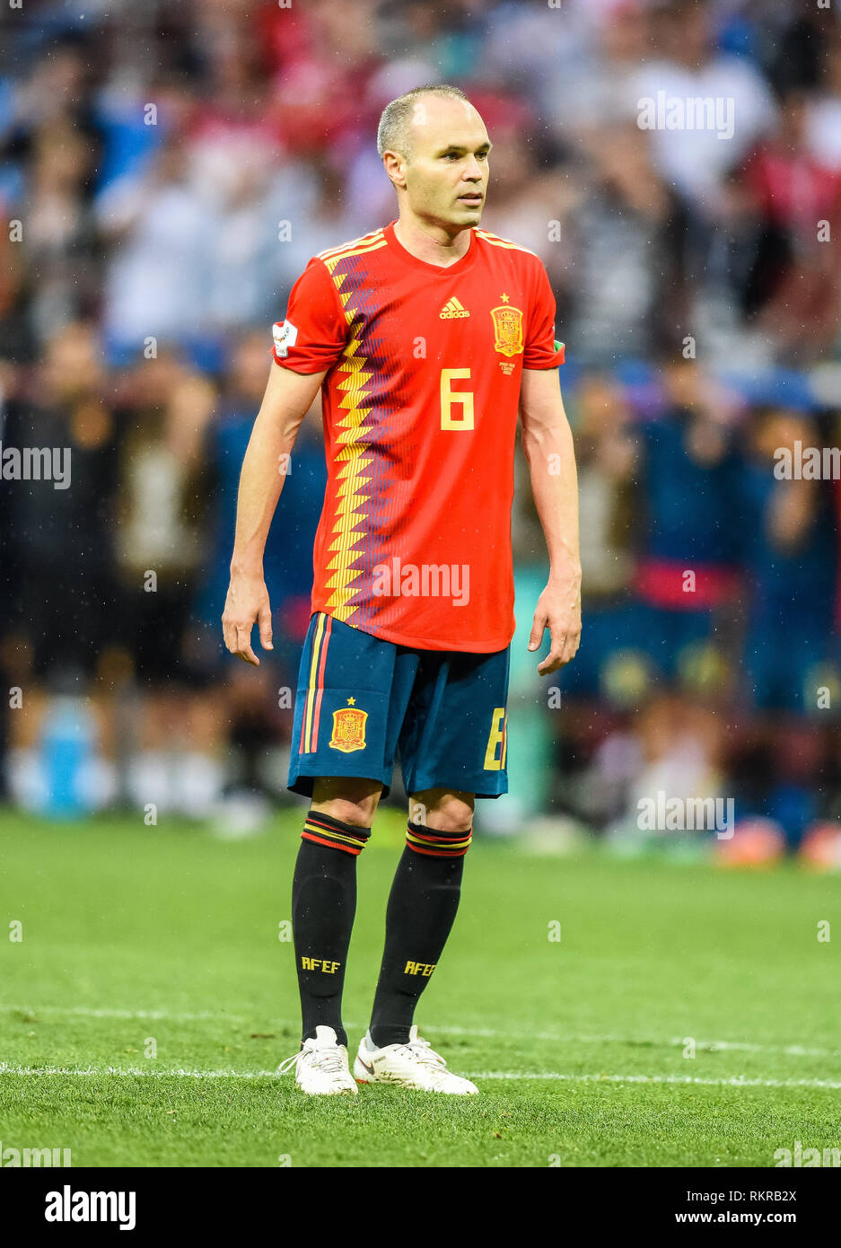 Moscú, Rusia - 1 de julio de 2018. Selección nacional de fútbol de España el centrocampista Andrés Iniesta durante el Penalty Shootout en la Copa Mundial de la FIFA 2018, partido de octavos de final Foto de stock