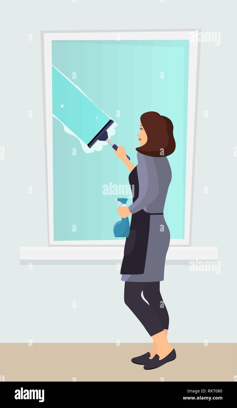 Mujer lava la ventana con una rasqueta. Limpieza de la ventana. La traílla se desliza sobre el cristal, por lo que es limpio. Spray limpiador de cristal en la mano. Vector illustra Ilustración del Vector