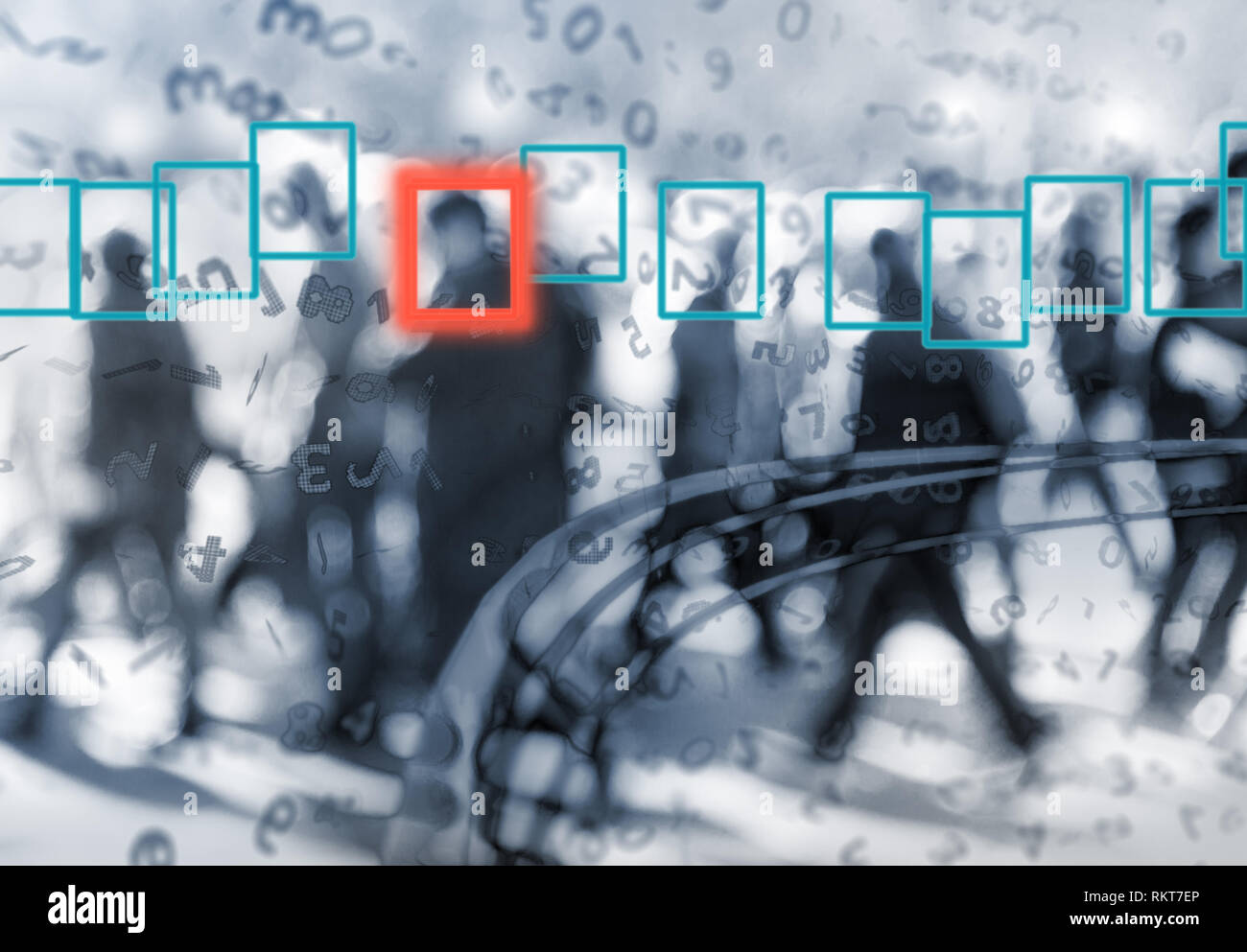 Tecnología de reconocimiento facial la ilustración del concepto de grandes volúmenes de datos y la seguridad en la ciudad Foto de stock
