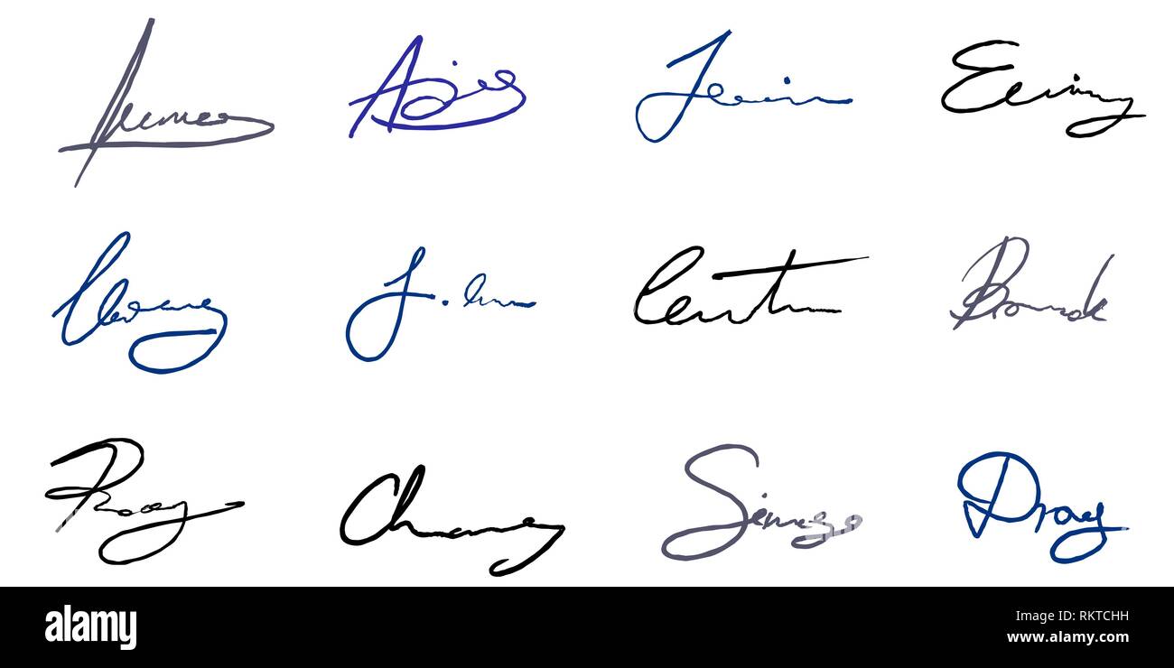 La firma vector set firmas de contratos comerciales. Ficticio de