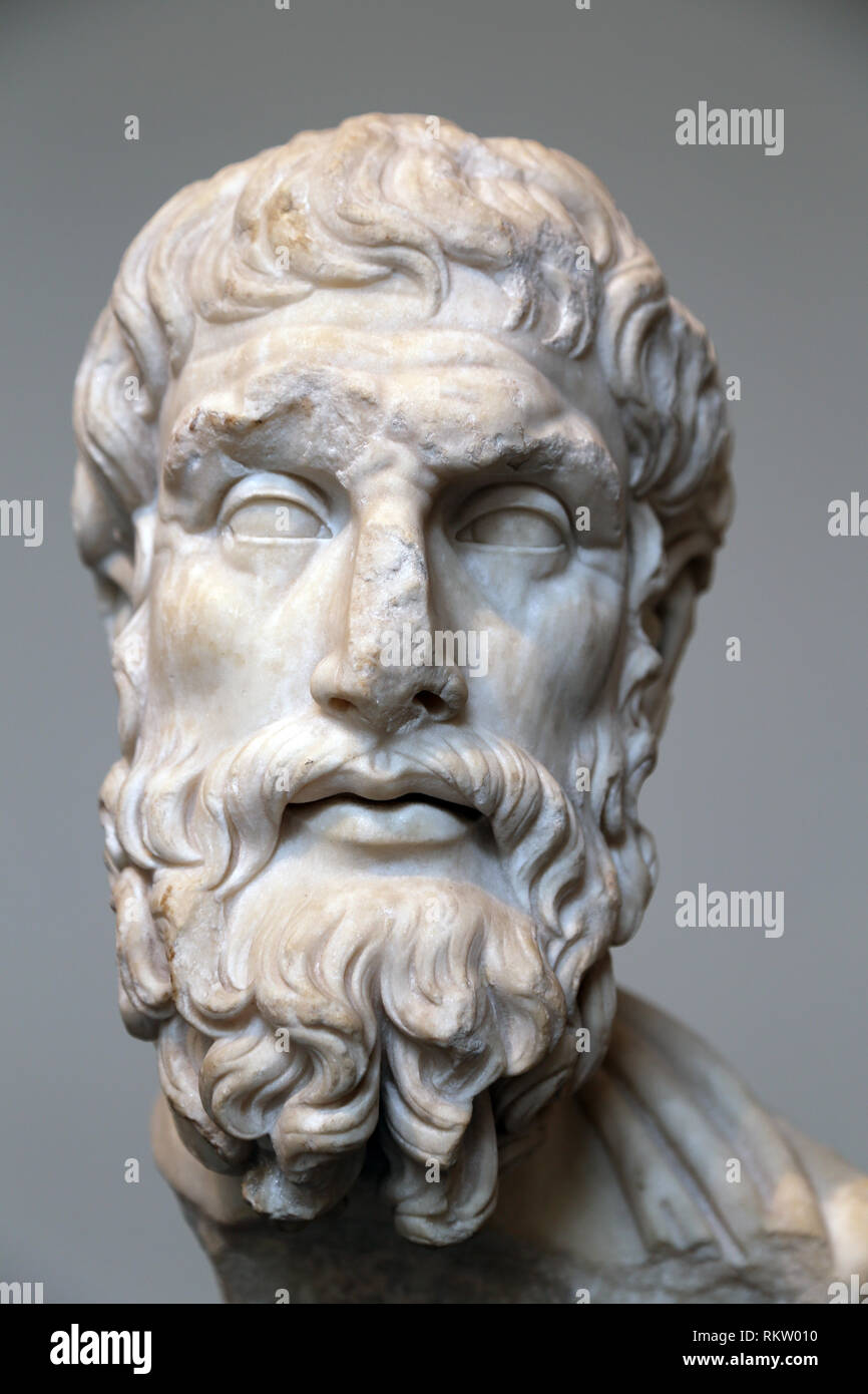 Cabeza de mármol del filósofo griego Epicuro (341-270 a.C.). Copia romana. Época Imperial, 2 º siglo DC. El Met. Nueva York, EEUU. Foto de stock