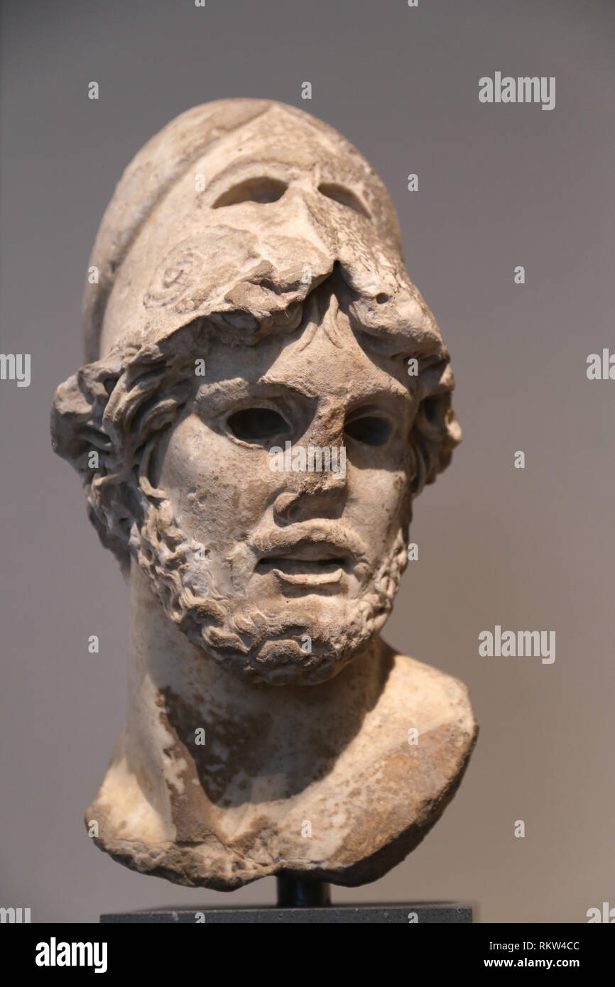 Cabeza de mármol de un Griego General. Copia romana. Priod Imperial. 1ª-2ª CE. Se reunió, NY, EE.UU.. Foto de stock