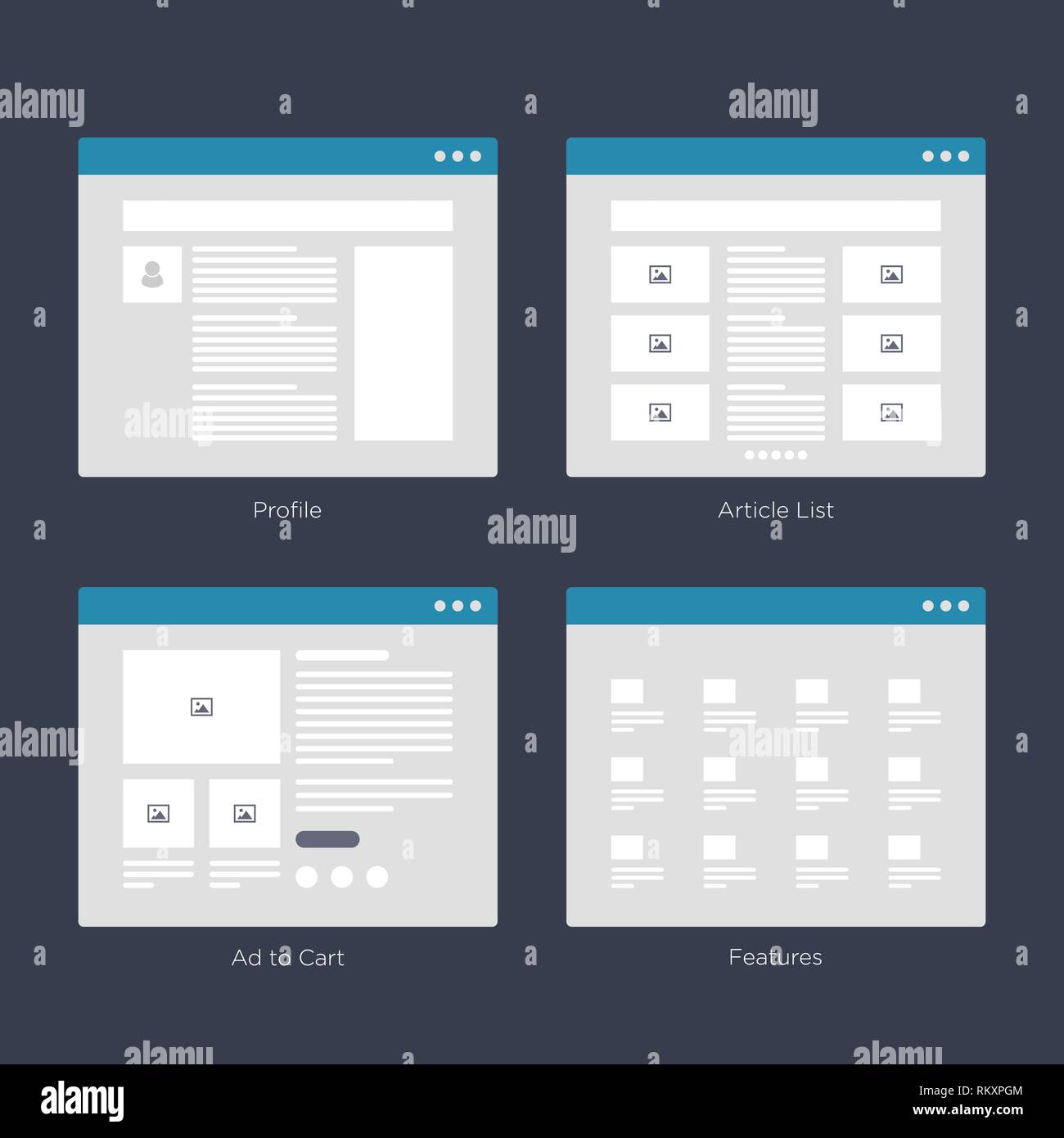 Sitio Web UI Diseños Wire Frame Kits para mapa del sitio Diseño y ux Ilustración del Vector