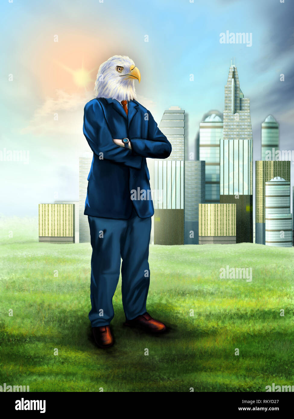 El empresario inteligente con una cabeza de águila. Ilustración Digital. Foto de stock