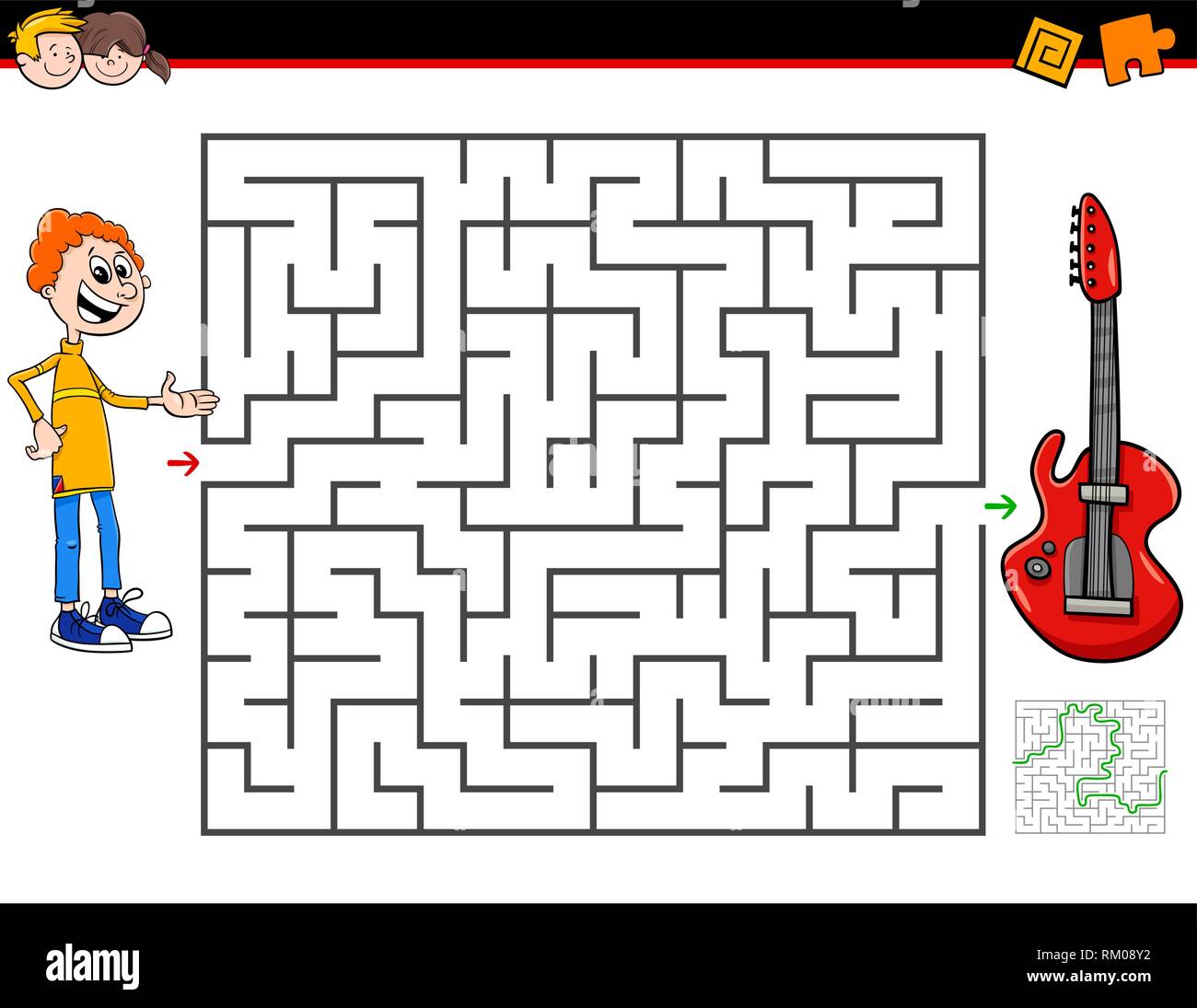 Ilustración de dibujos animados de educación LABERINTO laberinto juego o  Actividad para niños con Boy y guitarra eléctrica instrumento musical  Imagen Vector de stock - Alamy