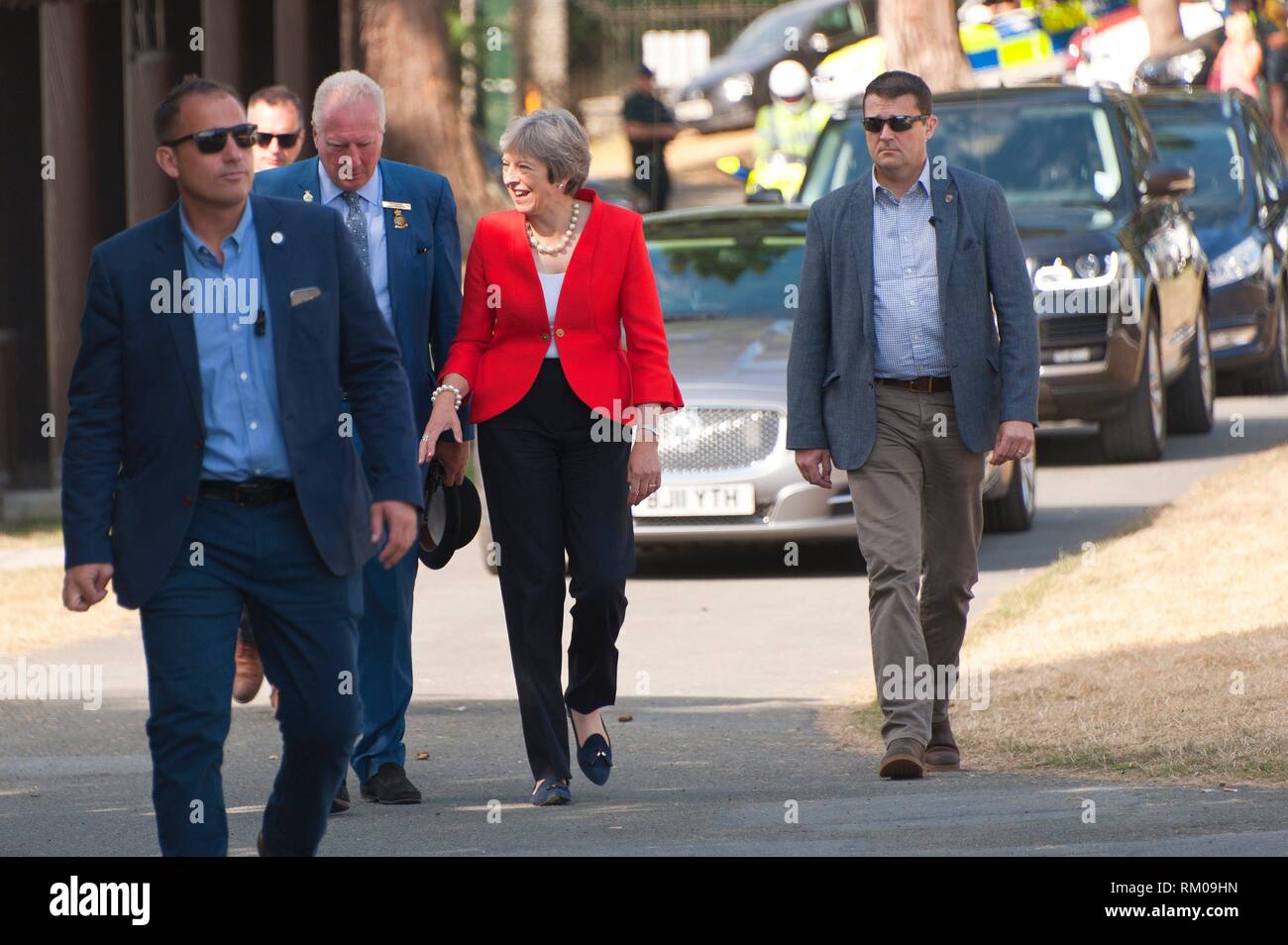 El Primer Ministro del Reino Unido Teresa mayo llega a la Royal Welsh Show agrícola el 26 de julio de 2018 en Llanelwedd, Powys, Gales, Reino Unido. Foto de stock