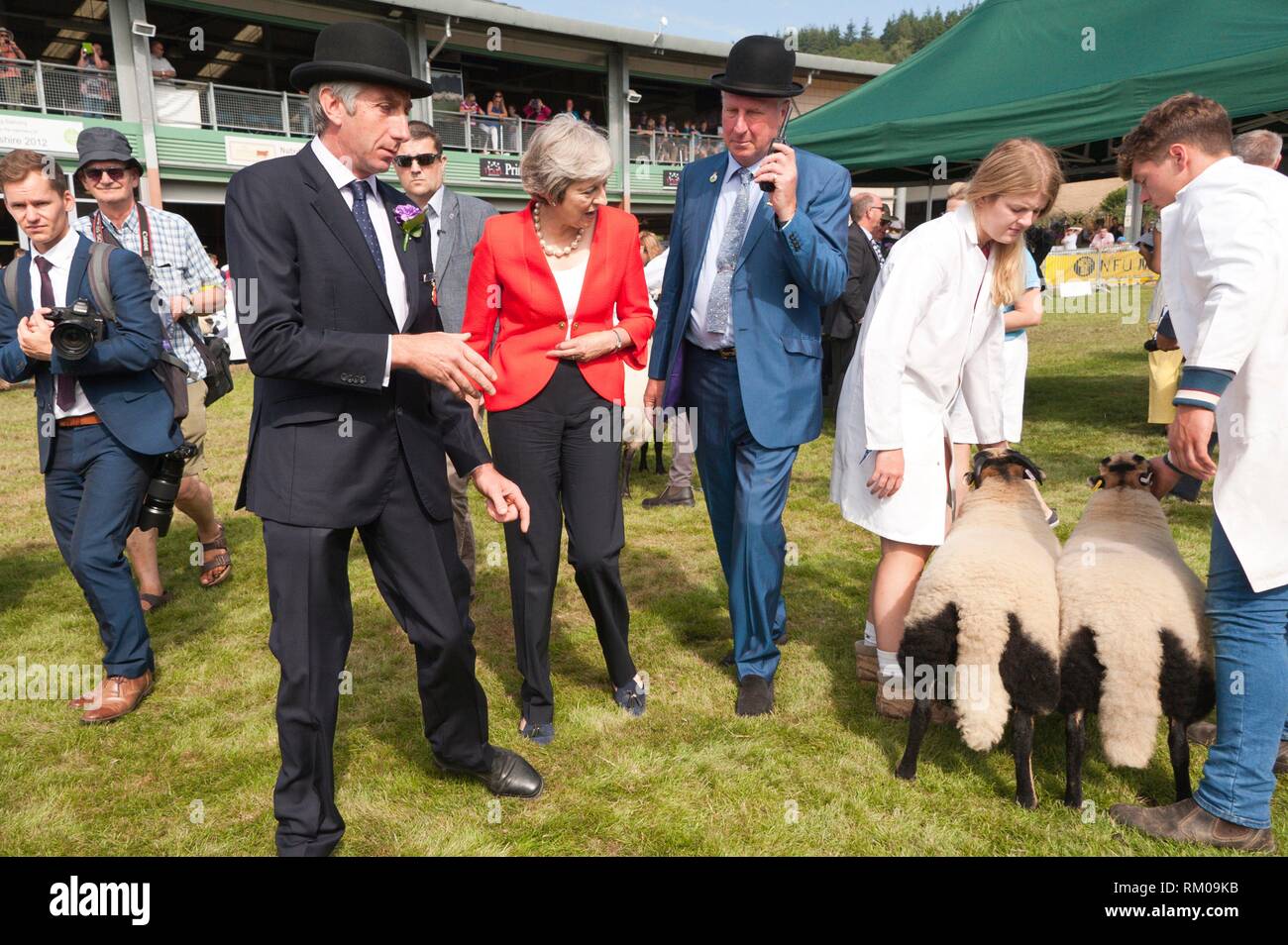 El Primer Ministro del Reino Unido Theresa visitas el 'Sheep ring' en el Royal Welsh Show agrícola el 26 de julio de 2018 en Llanelwedd, Powys, Gales, Foto de stock