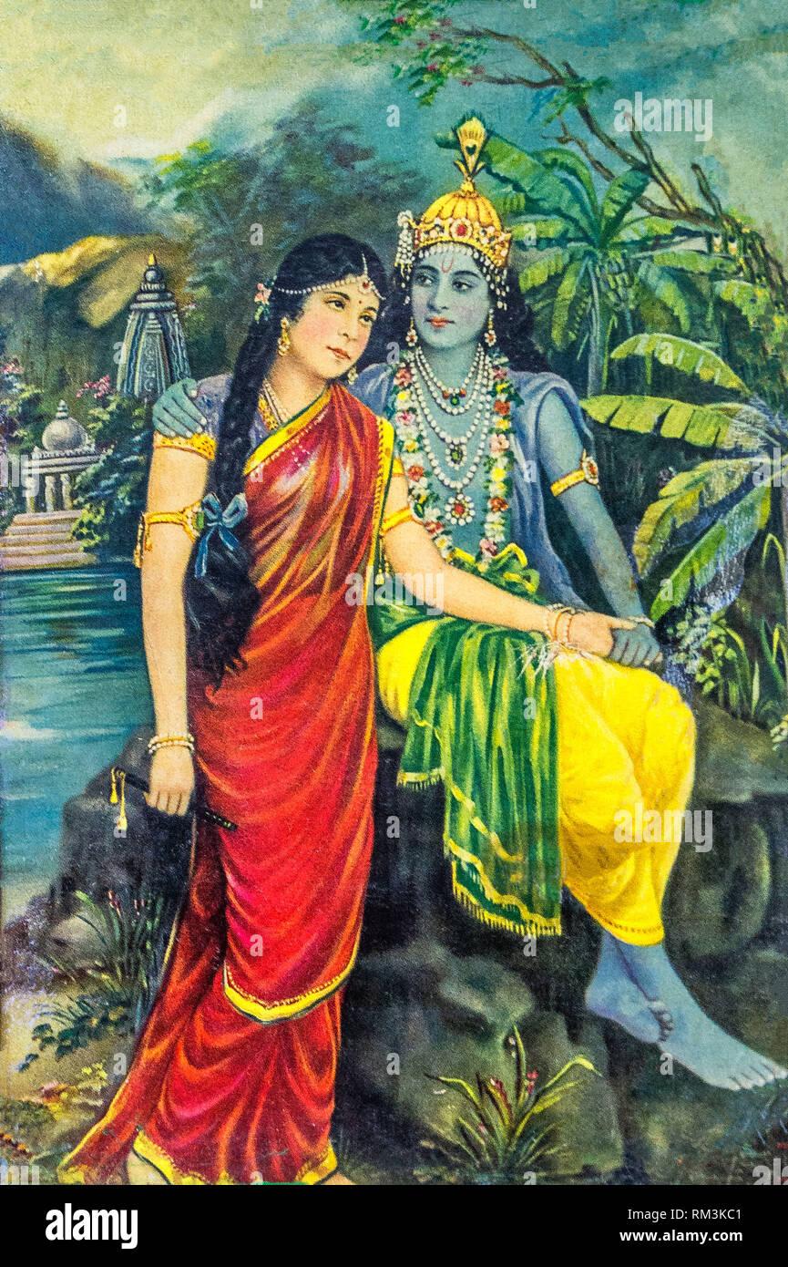 Radha Krishna pintura mural, India, Asia Foto de stock