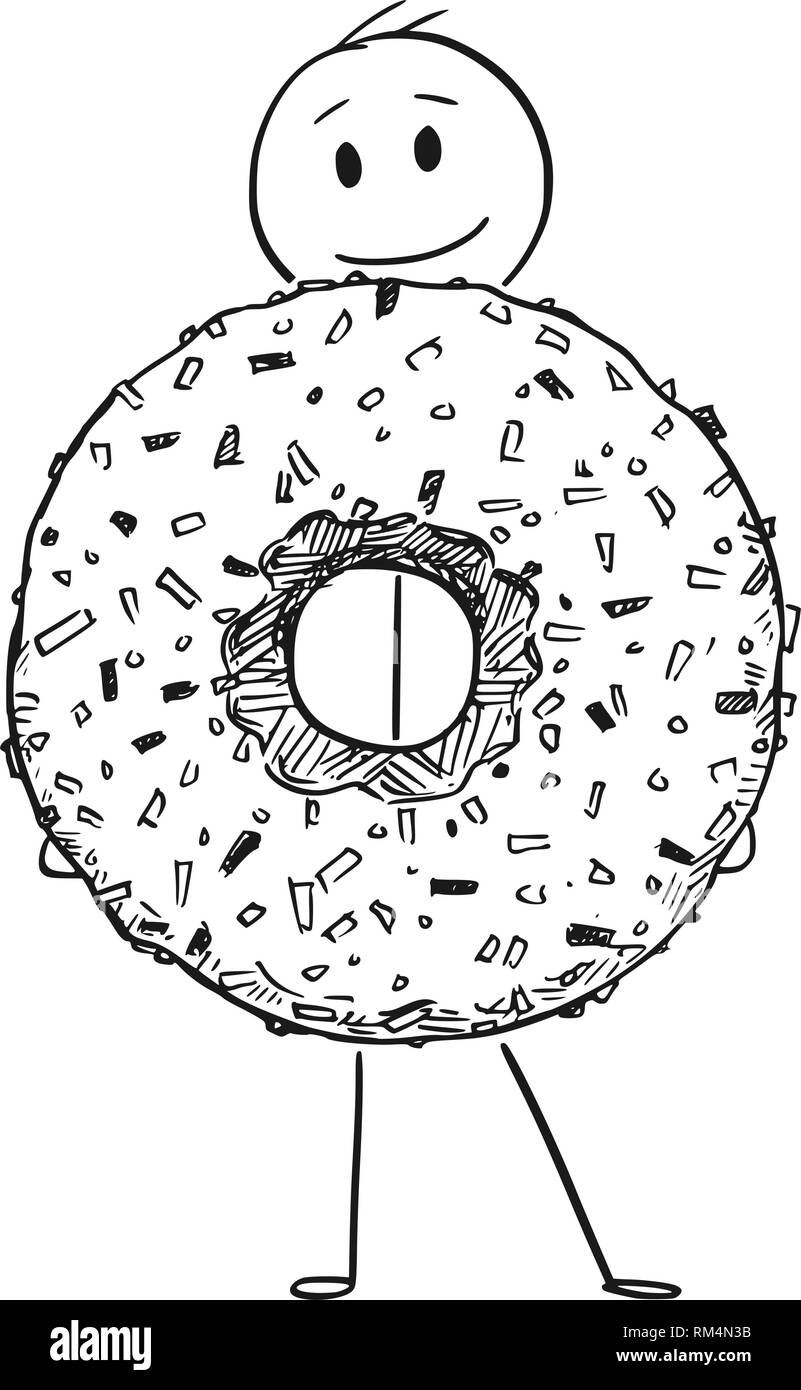 Caricatura de Hombre sonriente Celebración Big Donut Donut o postre Ilustración del Vector