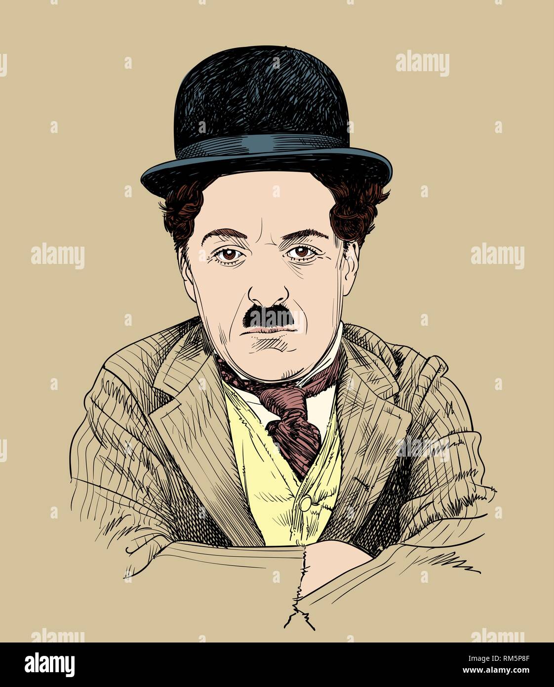 Charlie Chaplin retrato en line art illustration. Fue actor cómico Inglés, movie maker y compositor que saltó a la fama en la era de la película muda. Ilustración del Vector